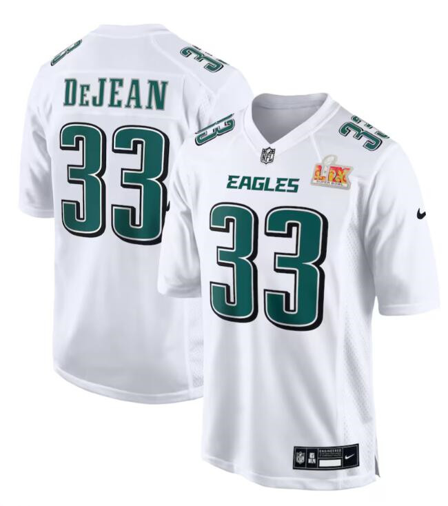 Men's Philadelphia Eagles #33 Cooper DeJean White 2025 Super Bowl LIX Patch Fashion Football Stitched Game Jersey Men's Philadelphia Eagles #33 Cooper DeJean White 2025 Super Bowl LIX Patch Fashion Football Stitched Game Jersey